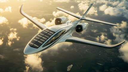 Obraz premium Futuristic solar powered airplane soaring amidst a vibrant cloudy sky