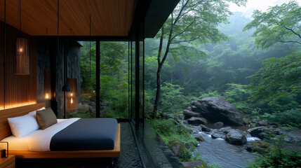 Serene Retreat: Luxury bedroom with floor-to-ceiling windows offering a tranquil view of a misty forest and a flowing river, creating a sense of peace and escape.