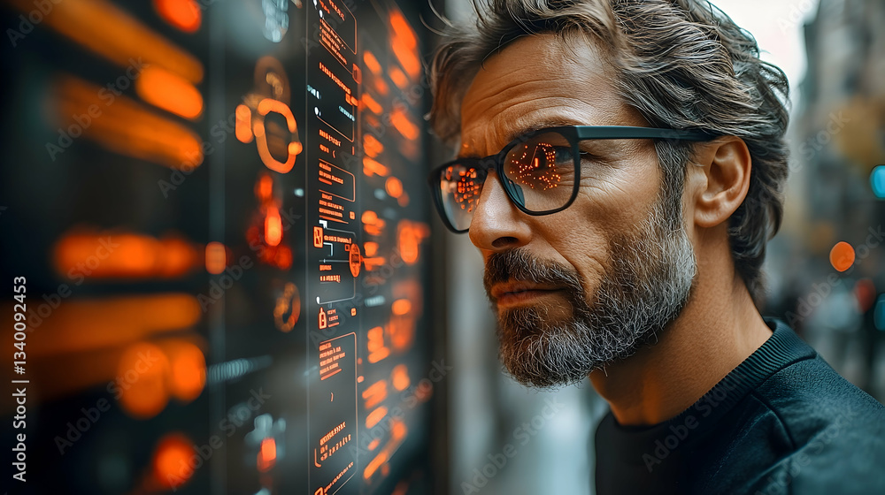 Poster sophisticated man immersed in data analysis on a futuristic interface