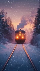 Winter railway scene featuring a vintage train amidst a snowy landscape