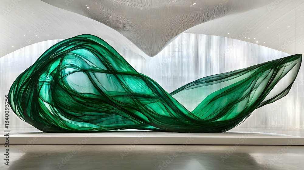 Poster unique sculpture crafted from green fabric displaying minimalist design elements and smooth lines fo