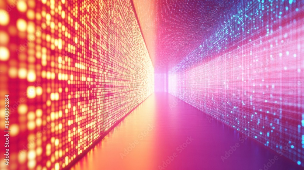 Poster a digital tunnel comprised of two distinct illuminated data walls