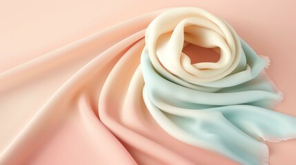 A delicate scarf elegantly twisted, showcasing soft pastel colors of peach and mint green, perfect for adding a touch of elegance to any outfit or style.
