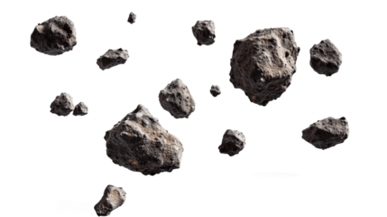 A collection of rocks scattered across a white background