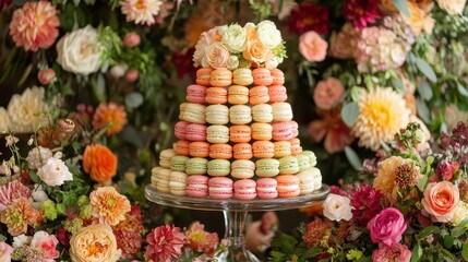 Fototapeta premium Colorful macaron tower on a glass stand surrounded by flowers arrangement. Great for celebrations, birthdays, wedding or any event with sweets.