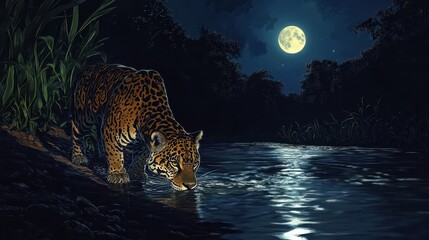 A big cat drinks water at the edge of a dark river