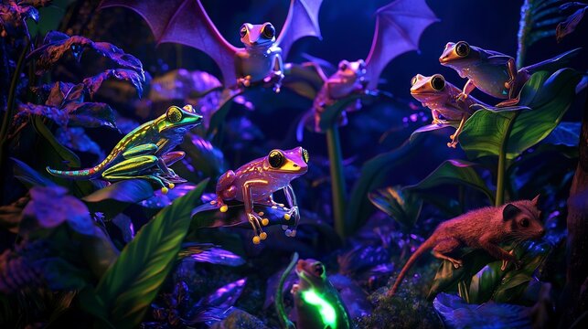 Glowing twilight rainforest with glass frogs kinkajous margays leaf tailed geckos and vampire bats bioluminescent plants cinematic realism