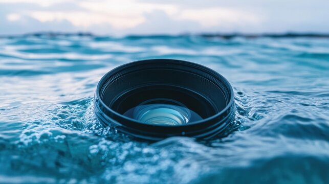 A camera lens floating partially submerged in the ocean water - Powered by Adobe