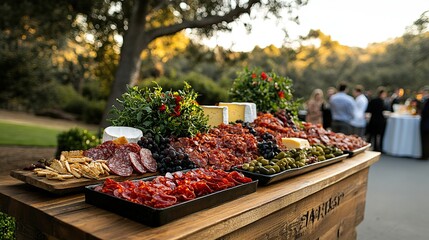 Elegant outdoor food display with charcuterie, cheeses, and meats. Lush greenery and a backdrop of a garden party