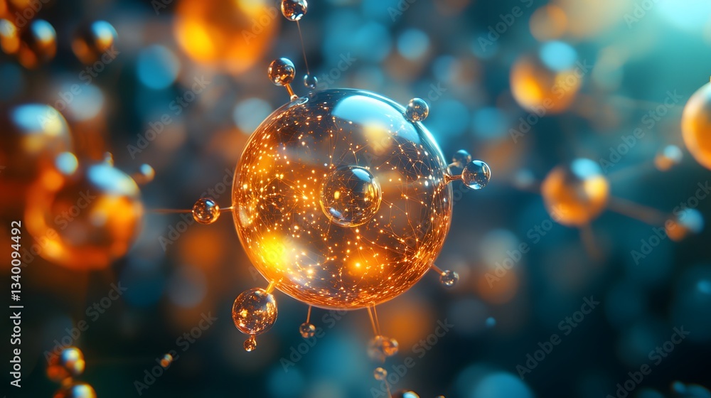 Poster an abstract image of a glowing orange molecule with connecting structures against a blue background.