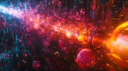 A vibrant, futuristic cityscape filled with glowing spheres and neon light trails. Technology and Innovations . Oil Production Process Theme Background Nanotechnology applications in oil refinery