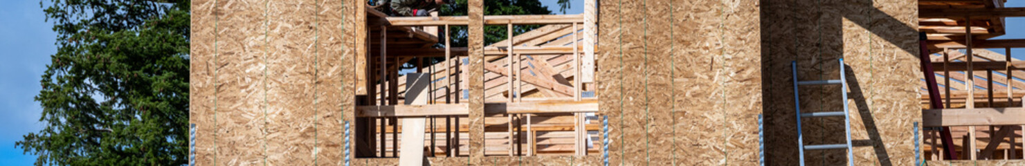 New home construction site, aluminum extension ladder to second story, framing and oriented strand board (OSB) exterior wall, housing development on a sunny winter day
