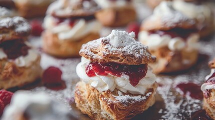 A close-up of fluffy homemade Easter scones with clotted cream and fresh raspberry jam