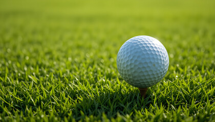 Fototapeta premium A striking image of a golf ball set against a lush, impeccably maintained green field, perfect for premium golf promotions and professional sports photography