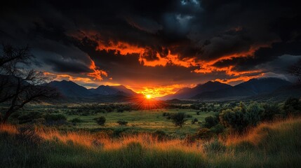 Obraz premium Dramatic sunset over a valley with mountains