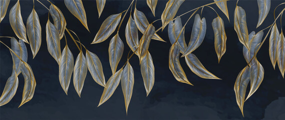 Bilder mit Rahmen Dark art background with exotic golden leaves hand drawn in line style. Botanical banner for decor, print, wallpaper, textile, packaging, poster, interior design.