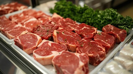 Fototapeta premium Tray of assorted raw beef steaks with parsley at a butcher shop. Perfect for illustrating cooking, recipes, or the food industry.