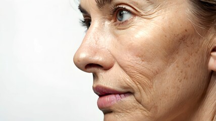 Close up profile of senior older middle-aged woman face without make-up , shows wrinkle , gray hair and natural part of aging. Fine lines and creases skin becomes less elastic, on white copy space 