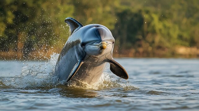 Graceful Irrawaddy Dolphin breaching the surface of a murky river its rounded forehead glistening under the morning sun