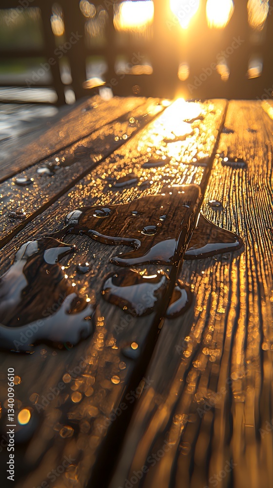 Poster close-up of water droplets pooling on a rustic wooden table creating a warm and inviting indoor envi