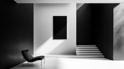 A minimalist interior space featuring a black chair and stairs