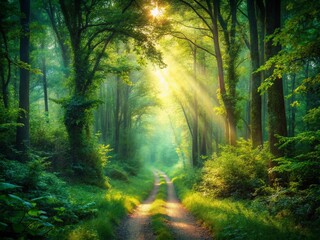Fototapeta premium Enchanting Forest Pathway: Double Exposure Nature Serenity Stock Photo