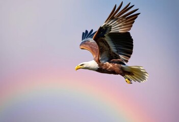 Obraz premium Majestic eagle in graceful flight, pastel rainbow background , avian, nature