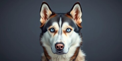 Fototapeta premium Majestic Siberian Husky, piercing blue eyes, gray backdrop, ice, blue eyes