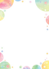 カラフルな水彩の円に桜を散らしたかわいい白い背景-縦型