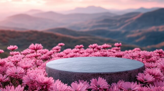 Elevated circular gray stone podium amidst a field of pink flowers, overlooking a serene mountain range at sunrise