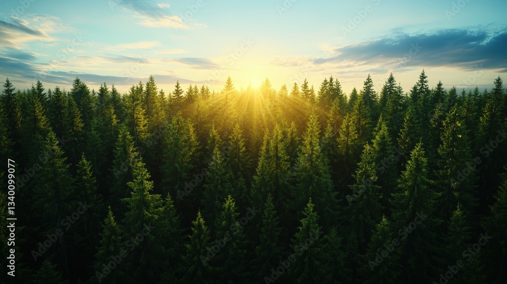 Poster serene forest landscape with the sun setting behind the trees creating a golden glow and a tranquil 