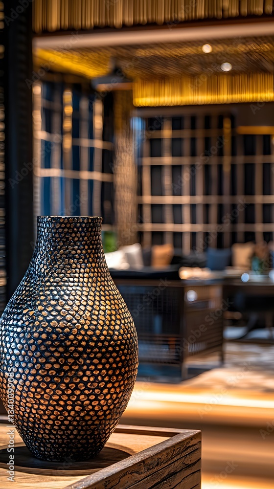 Poster decorative vase adorned with a unique snake skin pattern sitting elegantly on a table in a stylish i