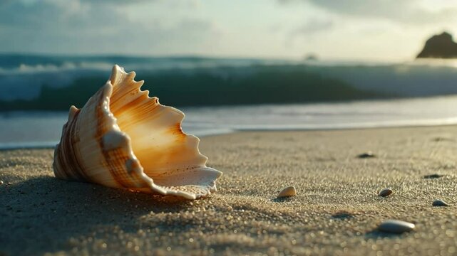 A beautiful seashell rests on a sandy beach with ocean waves in the background, illuminated by warm golden sunlight at sunset.