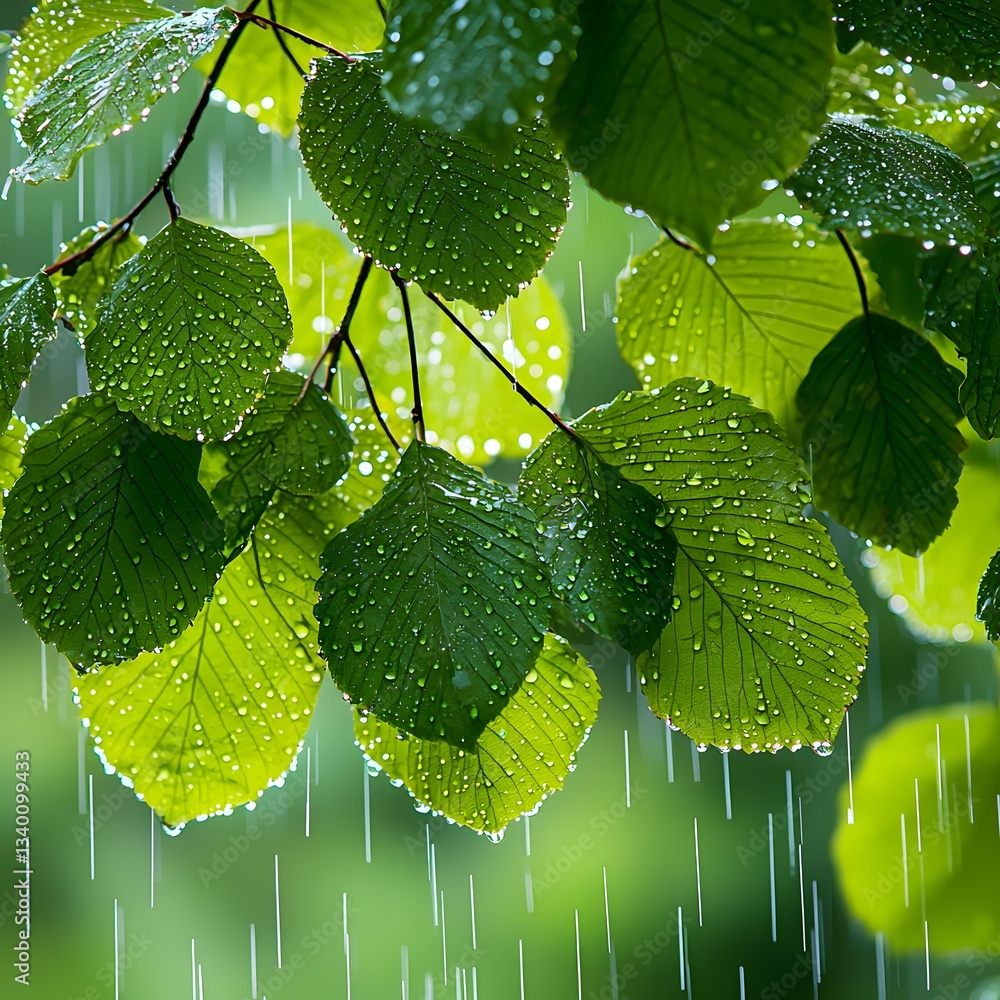 Poster soft rain gently falling on a tree branch with lush green leaves creating a serene and refreshing at