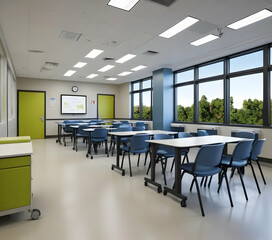 An indoor classroom with tables chairs and large windows with a view