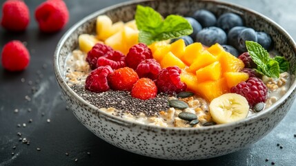 Healthy breakfast bowl with oatmeal, chia seeds, and fresh fruit, ideal for wellness blogs and healthy eating campaigns