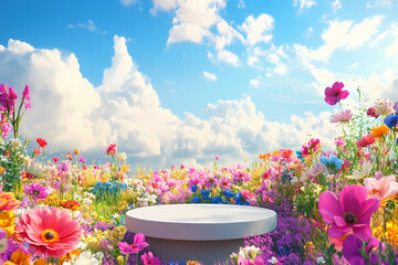 Floral Podium in Spring Meadow: A circular white podium sits serenely amidst a vibrant field of wildflowers, under a cheerful blue sky dotted with fluffy white clouds.