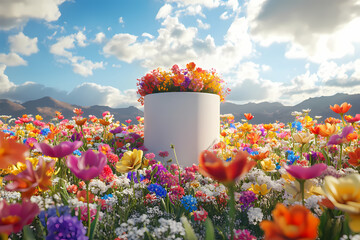 Vibrant Flora Displayed: A colorful floral arrangement bursts forth from a white cylinder, nestled amidst a sea of diverse blooms under a sunny sky.