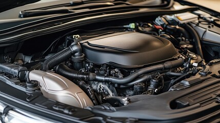 Fototapeta premium A car's hood open with the engine visibly shaking at idle due to bad mounts