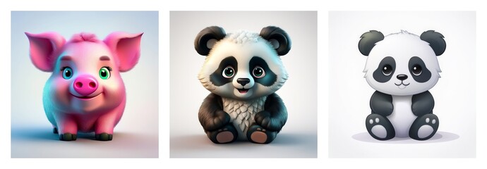 Obraz premium Charming cartoon animal illustrations of a pig and pandas, ideal for children's education and early learning resources.