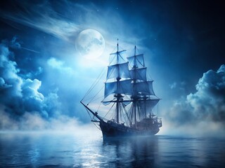 Fototapeta premium Ethereal Ghost Ship in Moonlit Fog: Double Exposure Stock Photo