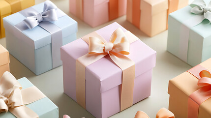 A row of colorful boxes with bows on them, each with a different color. AI Generated