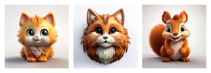 Obraz premium Cute cartoon animal illustrations perfect for childhood learning and education for kids. Features a cat, fox, and squirrel.