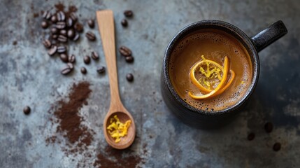 A citrus zest-covered espresso shot next to a wooden spoon and coffee grounds