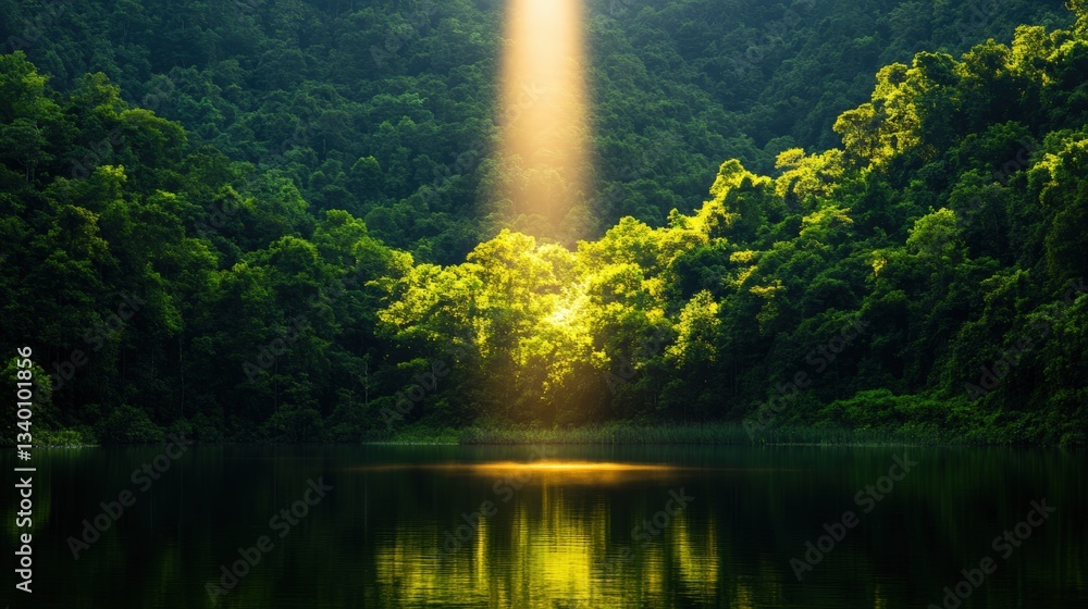 Poster serene lake with light beam piercing through trees creating a magical atmosphere in the heart of nat