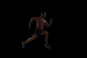 Sportsman jogger running. Man sportsman running for exercise. Sport athlete man run. Runner at long...