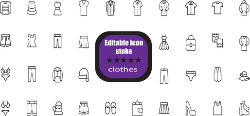 outline icons related to clothes. Linear icon collection. Editable stroke.