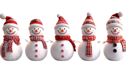 A row of snowmen holding hands with red scarves