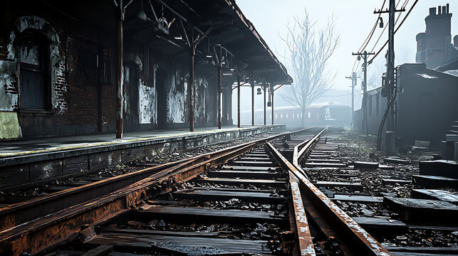 A train station with a train on the tracks. AI Generated