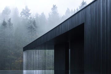 Fototapeta premium A sleek minimalist cabin in the rain, with water streaming down its black paneling and a misty forest backdrop